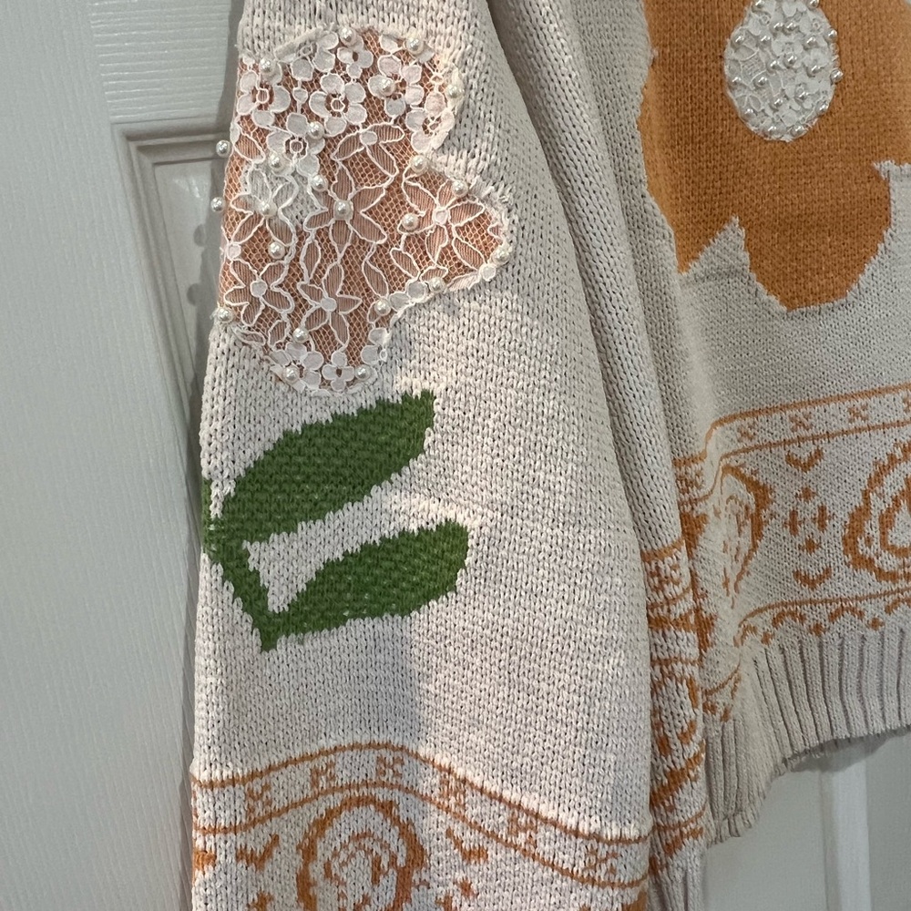 POL Cream and Orange lace appliqué Floral Sweater - Picture 4 of 5